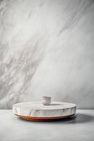Marble table, white sky wall, grunge cloud texture background, soft blur product display poster design. photo