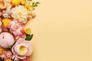 peonias, rosas en amarillo antecedentes con Copiar espacio. resumen natural floral marco diseño con texto espacio. romántico femenino composición. Boda invitación.. ai generativo foto