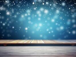 Winter snowy stage background with wooden flooring and Christmas lights on blue background, banner format, copy space. photo