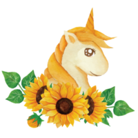 Licorne avec tournesol bouquet agrafe art élément transparent Contexte png