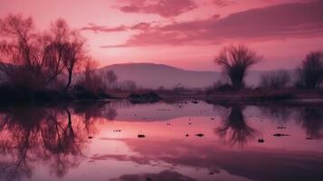 un escena en cuales el todo rosado cielo es reflejado en el agua. ai generativo foto