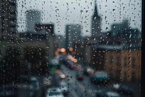 Photography of raindrops on the windows glass in focus with blured city skyline in the background. photo