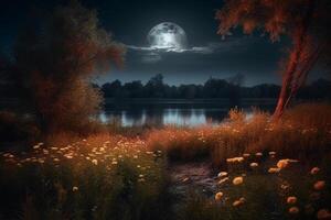 Night landscape environment harvest moon over a glittering lake lush vegetation birchwood trees, flowers, magical galaxy. photo