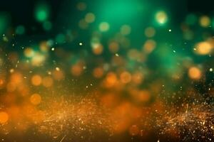 Gold and green Fireworks and bokeh in New Year eve and copy space. Abstract background holiday. photo