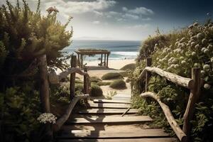 Photorealistic photo of a wooden path to the beach. Blue sky. plam trees, floral wedding arch white flowers.