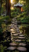 luminoso granito pisar piedras líder a cabaña en medio de estanque. ai generativo foto