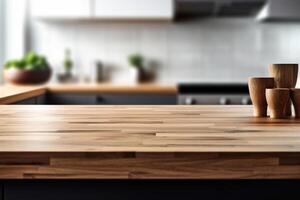 de madera mesa parte superior en difuminar cocina habitación antecedentes. ai generativo foto