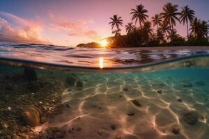 Photograph of beautiful inviting beach scene with pink sunset sky. photo