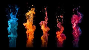 Paint drop. Ink water. Cold flame. Burning ice. Red orange blue color gradient glowing glitter fluid splash on dark black abstract art background. photo