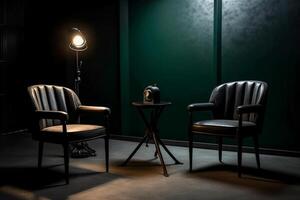 Two chairs and spotlights in podcast or interview room on dark background. photo