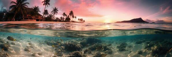 Photograph of beautiful inviting beach scene with pink sunset sky. photo