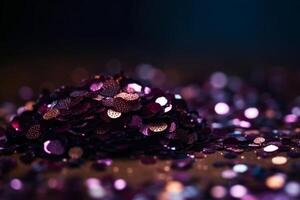 Sparkling Glitter abstract background dark purple saturated color, de - focused, macro. Sequins fall and sparkle, round bokeh. photo