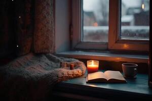 Navidad antecedentes. un taza de té, libros, un vela y un de punto bufanda en el ventana antecedentes. ai generativo foto