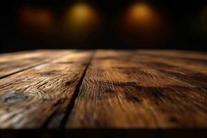 Wooden table with dark blurred background. photo