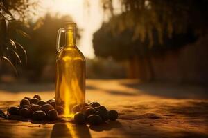 dorado aceituna petróleo botella en de madera mesa aceituna campo en Mañana luz solar. ai generativo foto