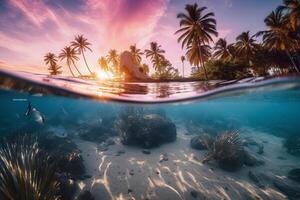 Photograph of beautiful inviting beach scene with pink sunset sky. photo