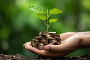 Close up of male hand stacking coins with green bokeh background. photo