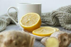 Ginger tea with lemon. Season of colds and infections. Strengthening of immunity. photo