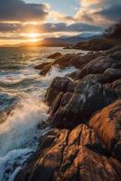 el olas son estrellarse terminado el rocas a puesta de sol. ai generativo foto