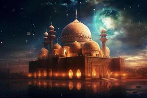 The mosque, Kareem lantern, Blurred star in night sky background, Eid al adha concept. photo