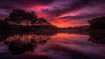 un escena en cuales el todo rosado cielo es reflejado en el agua. ai generativo foto