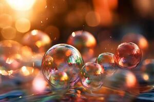 Soap bubbles against a blurred light background. AI generative photo