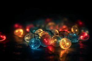Valentine day background. Love light. Romantic ornament. Yellow round led string neon red blue color blur heart glow festive pattern on defocused dark. photo