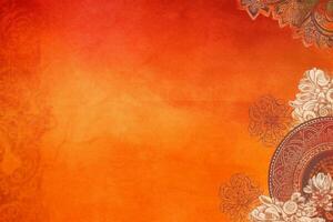 orange Pantone color background paper texture Rangoli pattern painting. photo