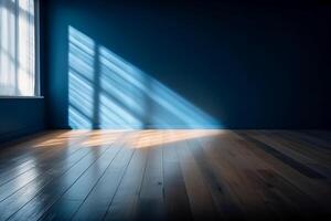 Blue empty wall and wooden floor with interesting light glare. Interior background for the presentation. photo