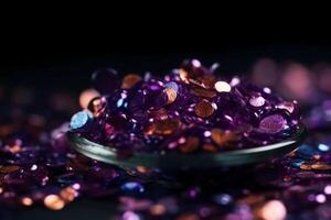 Sparkling Glitter abstract background dark purple saturated color, de - focused, macro. Sequins fall and sparkle, round bokeh. photo
