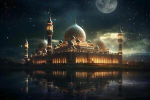 The mosque, Kareem lantern, Blurred star in night sky background, Eid al adha concept. photo