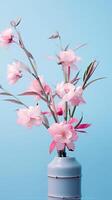 Light blue bamboo, light pink flowers, minimalist image. photo