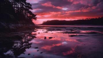 A scene in which the entire pink sky is reflected in the water. photo