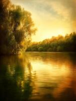 A peaceful lake surrounded by lush greenery and trees, with a realistic yet slightly artistic style. photo