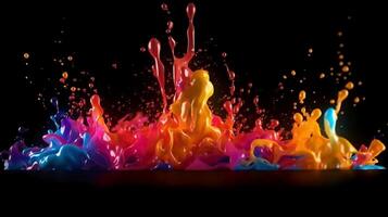 Paint drop. Ink water. Cold flame. Burning ice. Red orange blue color gradient glowing glitter fluid splash on dark black abstract art background. photo