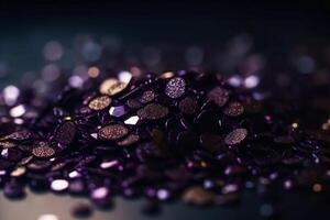 Sparkling Glitter abstract background dark purple saturated color, de - focused, macro. Sequins fall and sparkle, round bokeh. photo