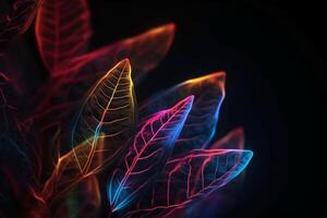 Defocused neon overlay. Blur led glow. Leaf texture glare. Blur fluorescent purple red decorative illumination motion on dark black abstract background. photo