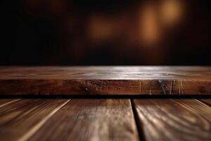 de madera mesa con oscuro borroso antecedentes. ai generativo foto