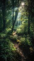 hermosa rayos de luz de sol en un verde bosque. ai generativo foto