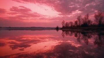 un escena en cuales el todo rosado cielo es reflejado en el agua. ai generativo foto