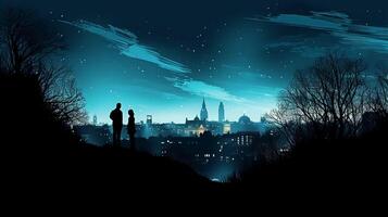 Silhouettes of two stargazing woman saying goodby, surrounded by trees and the contour of london city in the background. photo