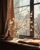 A photo of photobooks next to a big window.