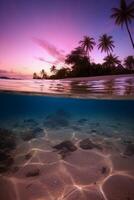 Photograph of beautiful inviting beach scene with purple sunset sky. photo