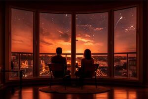 The back of a couple sitting by the hotel window, The view through the window is a starry night. photo