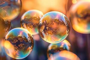 Soap bubbles against a blurred light background. photo