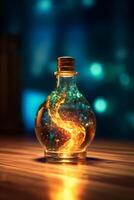 Glowing galaxy in a glass bottle. photo