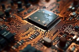 Macro photography of Electronic Circuit Board top view. photo