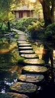 Luminous granite stepping stones leading to cottage in middle of pond. photo