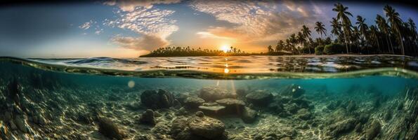 Photograph of beautiful inviting beach scene with sunset sky. photo