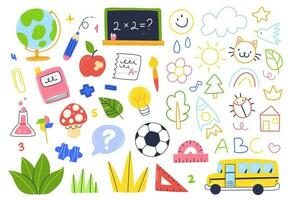 A set of school elements. Collection of vector flat school objects. Globe, school bus, blackboard, flask, ruler, soccer ball
